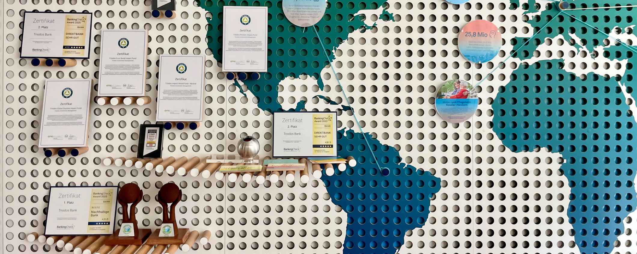 Wanddekoration mit Awards der Triodos Bank